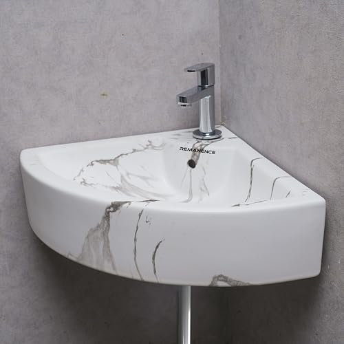 Image of REMANENCE Ceramic Wall Hung Corner Wash Basin for Bathroom | Wall Mounted Corner Sink (20.4 x 15 x 6 Inch) (White Black Stripe)