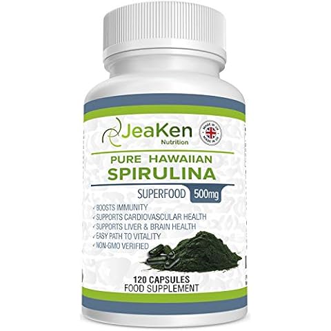 JeaKen - Hawaiian SPIRULINA Natural Supplements - 120 Superfood Capsules - Natural Energy Supplement High in Fibre - Ideal Green Foods for Smoothies Sport Nutrition - Non GMO Supplements for Vegans Cover