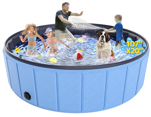 Extra Large Foldable Dog Pool 107”x20”, EPN Heavy Duty Hard PVC Collapsible Dog Pool for Large Dogs and Kids, Leakproof Non-Slip Pet Wading & Bathing Tub with Drain, for Indoor & Outdoor Use