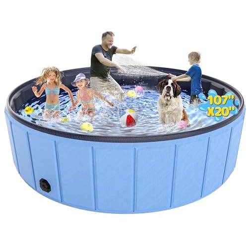 Extra Large Foldable Dog Pool 107”x20”, EPN Heavy Duty Hard PVC Collapsible Dog Pool for Large Dogs and Kids, Leakproof Non-Slip Pet Wading & Bath