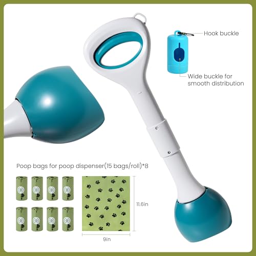 Image of Dog Pooper Scooper Portable with Bag Attachment, One Handed Foldable Design, Includes 120 Waste Bags and Dispenser, 19 Inch Handle for Grass Yard Gravel Cleanup (Green)