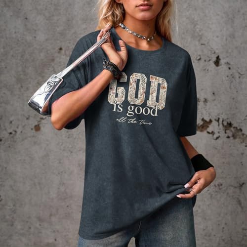 Image of Christian God is Good Shirts for Women Jesus Faith Religious T Shirts Floral Graphic Oversized Acid Washed Tee Tops