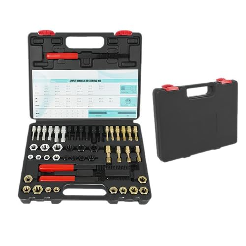 51pcs Thread Repair Kit, with 22 Taps 24 Dies 3 Thread Files 1 Metric and 1 Imperial Nut Detectors, Thread Cleaner, Automotive UNC UNF & Metric Thread Restorer Tool, Thread Restorer Kit