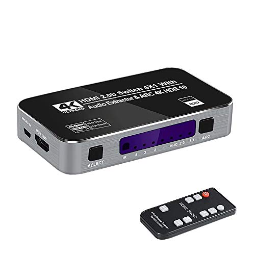 KuWFi HDMI Extractor Audio Arc 1080P, 4 K 60 Hz 4 poorten HDMI 2.0b Switch Box 4 in 1 Out met Stereo Audio Output 3,5 mm Audio Remote Audio Output Arc HDCP 2.2 voor Xbox PS4 Pro/PS3