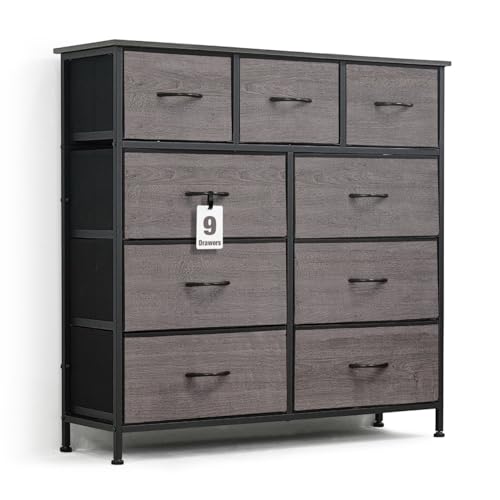 Image of CAPHAUS Drawer Storage Tower w/ 9 Fabric Bins, Laundry Storage, Sorting Unit, Chest of Drawers, Organizer w/ P2 Board Top & Fabric Bins, Organizer Unit for Multi-purpose, Hallway, Office, Grey Oak