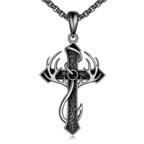 Fish Hook Cross Neckalce for Men Sterling Silver Cross Pendant Necklaces Hunting Jewelry Gifts for Men Women