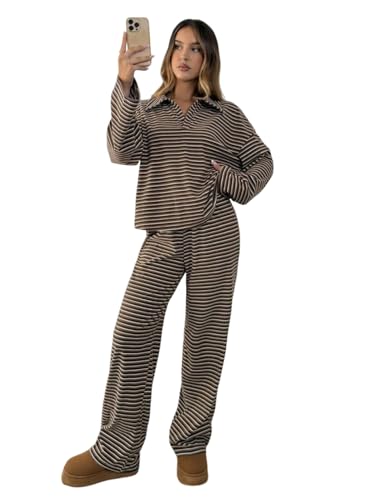 Pijama a rayas para mujer de manga larga y pantalón de pierna ancha SotRong talla S-XL