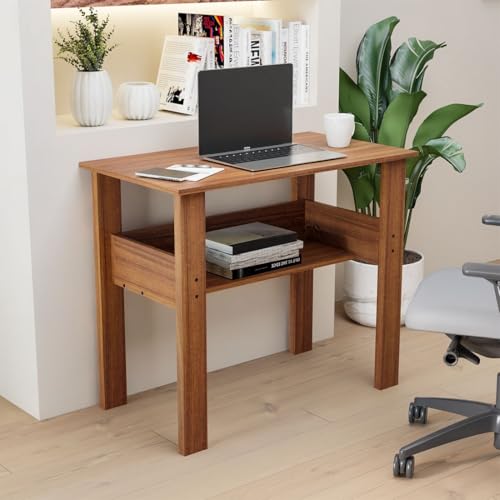 Image of Amazon Brand - Solimo Ace Engineered Wood Computer Desk with One Tier Shelves Laptop Study Table for Office Home Workstation Writing Modern Desk - Leon Teak (90 cm x 45 cm x 71 cm)