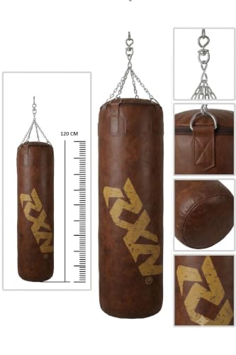 Image of RXN Powerstrike Boxing Punching Bag (Brown, 100 CM) | Synthetic Leather | Pre-Filled | Heavy-Duty Build | 4-Way Chain Included | Boxing, MMA & Kickboxing Training