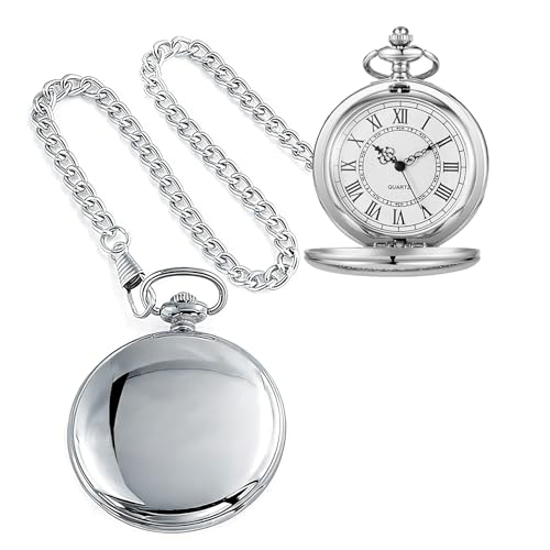 Alwesam Silver Smooth Quartz Pocket Watches Round Roman Numeral White