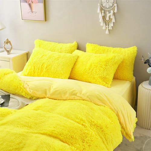 MorroMorn 5 PCS Plush Shaggy Duvet Cover Sets, Luxury Shag Fluffy Comforter Cover Fuzzy Bedding Set - Long Faux Fur Ultra Soft Cozy (Yellow, Full/Queen) - Image 3