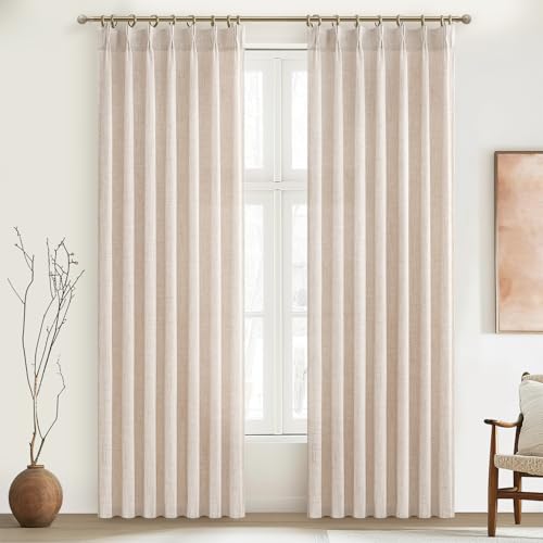 PleatedDrapes Light Filtering Primitive for Living Room, Thick Linen Semi Sheer Curtains 96 Inches...
