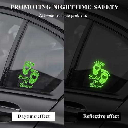 Image of Baby on Board Car Sticker, High Intensity Reflective Baby on Board Footprint Safety Warning Decal, Waterproof Kids on Board Baby in Car Feet Decal Sticker for Bumper (Fluorescence Green)