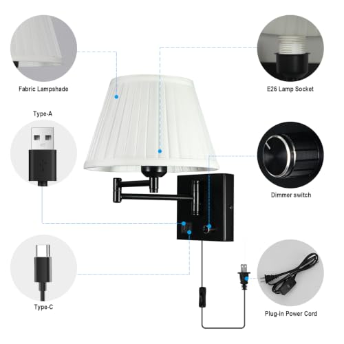 Image of Wall Lamps for Living Room Bedroom Reading Light, Bulb Included | Wall Sconce with USB C+A Charging Ports, Adjustable Swing Arm 270, Adjustable Color Temperature, White Fabric Cone lampshade