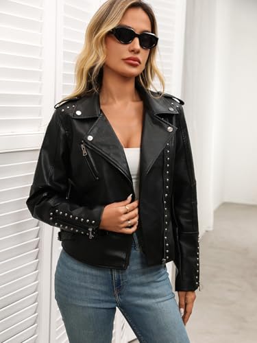 LY VAREY LIN Women's Rivet Studded Faux Leather Moto PU Short Jacket Punk Fashion Coat3