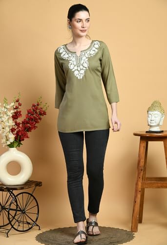 Image of QAZMI Women's Cotton,Rayon Embroidered Regular Tunic Shirt