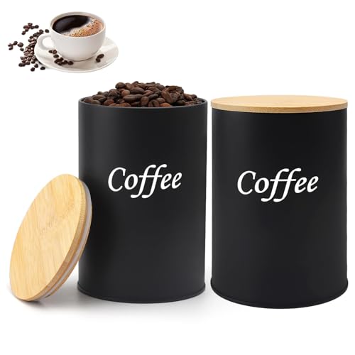YOYEAH Juego de 2 Latas de Café Herméticas 500ml, Contenedor de Granos de Café 1kg con Tapa de Bambú, Almacenamiento al Vacío para Café Molido, Cápsulas y Té de Cocina (Negro)