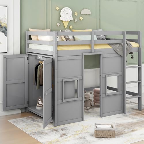 Cama alta de tamaño doble con armario y escalera empotrados, marco de cama alta de madera maciza con 2 ventanas, para niños, adolescentes, dormitorio, dormitorio (gris)