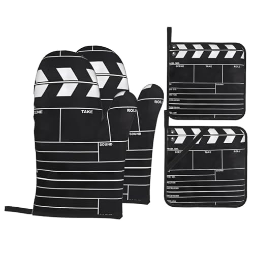 Juego de guantes de horno resistentes al calor y soportes para ollas, diseño clásico de tablilla de película negra para cocina, barbacoa, horneado, parrilla