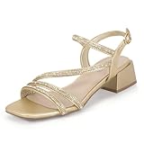 IDIFU Gold Heels Rhinestone Strappy Heels for Women Low Block Chunky Heels Square Open Toe Slingback Heeled Sandals Prom Wedding Dress Shoe Comfortable Sparkly Cute Short Heels(Gold Rhinestone,9.5)