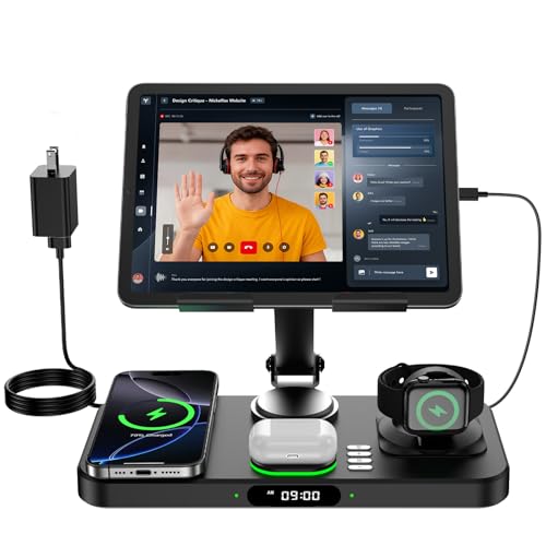 6 in 1 Wireless Charger for Apple Multiple Devices, Charging Station with Clock &7 Color Ambient Light, Foldable Rotate Stand for iPad, for iPhone17/16/15, Support for Apple Watch11/10 for AirPods4