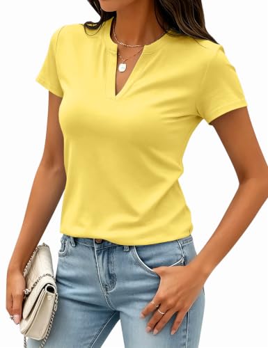 Image of Meetrendi Women's Notch V Neck T-Shirt Slim Fit Premium Cotton Blend Short Top
