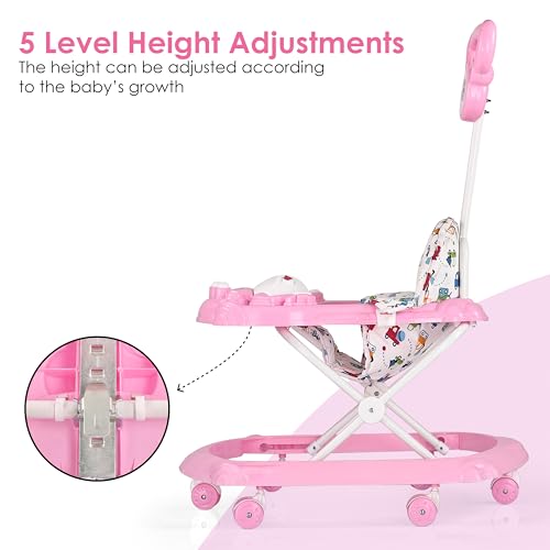 Image of BabyGo Tintin Baby Walker for 6-24 Months, Baby Walker with Push Handle & Activity Tray - Foldable Adjustable Height Infant Walker with Wheels, Music,Toy Bar and Comfotable Seat (Pink)
