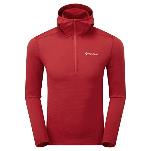 Montane Men's Protium Lite Midlayer Hooded Pull On Fleece for Hiking, Climbing, & Trail Running - Acer Red - X-Large