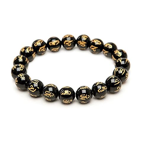 Zebredellas A49 Unique Onyx Gemstone Om Mani Padme Hum Prayer Beaded Elastic Stretch Bracelet Men’s Unisex Hand Made in Britain Zodiac Leo Capricorn Cover