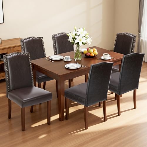 NEWBULIG Dining Chairs Set of 6, Moden PU Leather Kitchen Table Chairs with Wooden Legs and Padded Seat for Dining Room Kitchen Restaurant, Brown