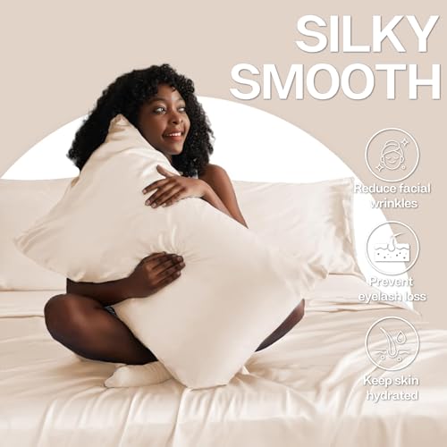Image of MR&HM Satin Pillowcase for Hair and Skin, Silk Satin Pillowcase 2 Pack, Standard Size Pillow Cases Set of 2, Silky Pillow Cover with Envelope Closure (20x26, Beige)