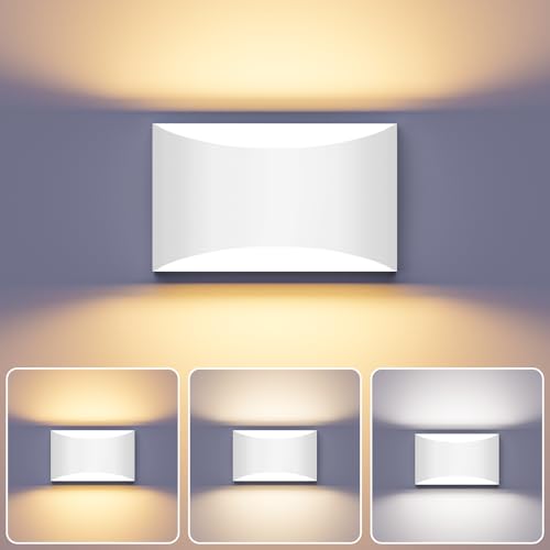 Image of White Modern LED Wall Sconce, 3 Colors Hardwired Indoor Wall Lights | 3000K /4000K /6000K, 10W Up and Down Wall Mount Light with Memory Function, Wall Lamp for Bedroom Living Room Hallway Corridor