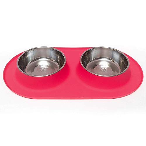 Messy Mutts Double Silicone Feeder with Stainless Bowls | Non-Skid Food Dishes for Dogs for All Pets | Dog Food Bowls | Large, 3 Cups Per Bowl | Watermelon