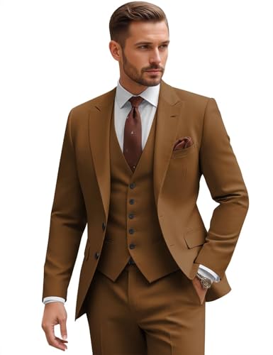 CKGJLJ Brown Suits for Men Slim Fit Formal Peak Lapel Mens Brown 3 Piece Suit Men Evening Suit Elegant Single Breasted 3 Piece Suits Sets Fashion 2025 2XL