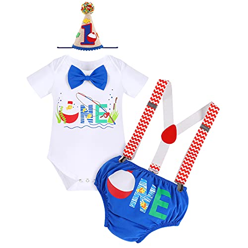 The Big One Birthday Outfit Baby Boys Bowtie Romper Suspenders Diaper Cover Hat Gone Fishing Themed First Birthday Party Supply O-Fish-Ally One Cake Smash Photo Shoot Royal Blue 12-18 Months