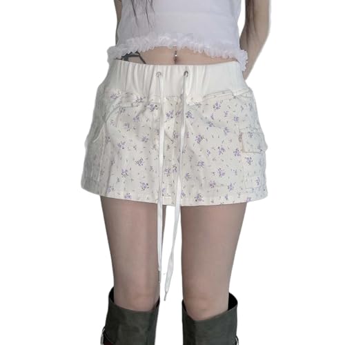 Floral Print Mini Drawstring Waist Casual Cargo Style Side Pockets Lightweight Summer Cute Trendy Skirts