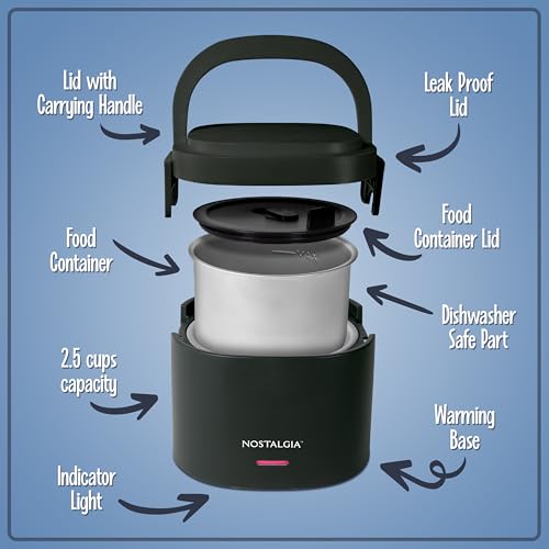 Nostalgia Portable Heated Lunch Box – 2.5-Cup Stainless Steel Food Warmer – Detachable Cord, Leak-Proof Lid, Carry Handle – Portable for Work & Travel – Black Berry - image 3