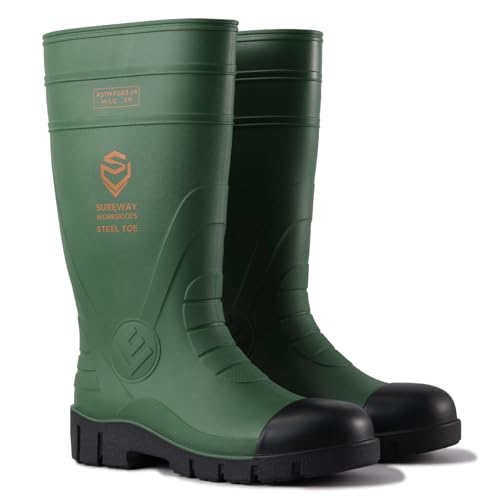 SUREWAY Steel Toe Rain Boots for Men, Knee High Waterproof Rubber Work Boots with Slip & Oil Resistant Outsole for Industrial, Construction, Agriculture Green
