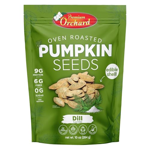 PREMIUM ORCHARD Flavored Pumpkin Seeds Oven Roasted | Dill Flavor | High Protein Snacks for Kids and Adults | Vegan Snack | Non GMO | KETO