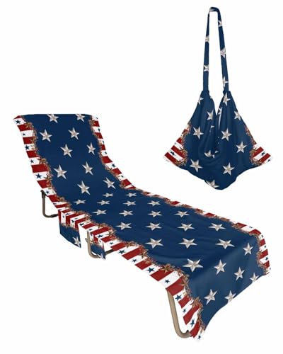 Blue Red 4th of July Beach Lounge Chair Towel Cover, Soft Chaise Lounge Towel with Side Pockets Patio Pool Chairs Cover for Beach/Pool Sunbathing 29x85 Independence Day Star Country