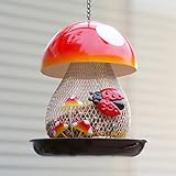 Mushroom & Ladybug Metal Bird Feeder - 16" Hanging Wild Bird Feeder with Decorative Accents, Large Capacity Outdoor Birdfeeder for Cardinals and Songbirds, Perfect Garden Gift