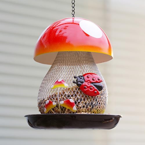 Mushroom & Ladybug Metal Bird Feeder - 16" Hanging Wild Bird Feeder with Decorative Accents, Large Capacity Outdoor Birdfeeder for Cardinals and Songbirds, Perfect Garden Gift