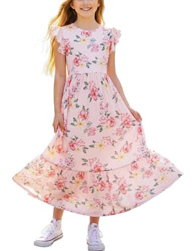 PATPAT Girls Summer Dress for Kids Maxi Long Casual Beach Birthday Party Church Little Girl Cute Dresses Pink Floral 5-6T