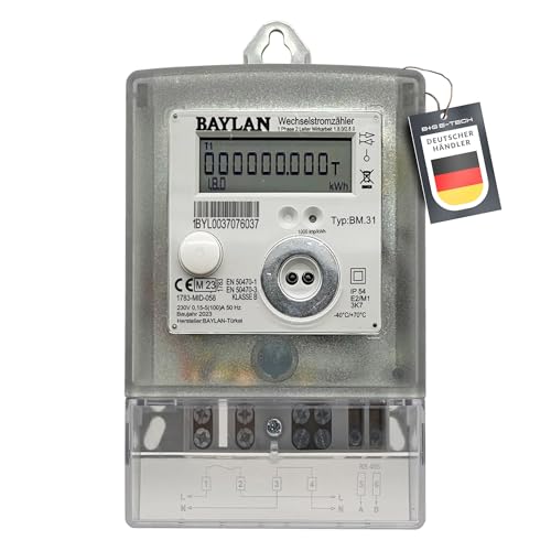 Zweirichtuns Wechselstromzähler [BM.31-MID25] geeichter Stromzähler, Direktmessend bis 100A, Zweirichtungszähler (1.8.0/2.8.0), Eintarifzählwerk, LCD-Anzeige, 12-Monats-Speicher mit Echtzeituhr (RTC)