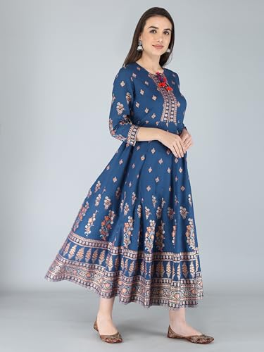 Image of Aj Art Anarkali Kurti for Women and Girls Floral Golden Print Regular Slim Fit Rayon Blue (Set of 1)