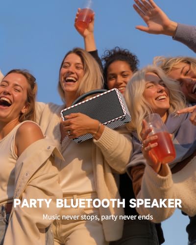 Image of DINDIN Portable Bluetooth Speaker: 80W (Peak), 20H Playtime, Loud Wireless Wood Speakers with Bass, AUX and USB Input, Subwoofer, TWS Pairing, Vintage Speaker for Outdoor, Home, Office (Red+White)