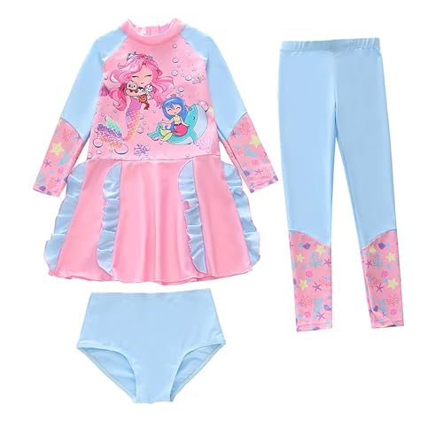 Traje de baño de Manga Larga con protección Solar UPF 50+ y Pantalones de baño para niñas con Top de Bikini a Juego. (Sky Blue, 3-4 Years)