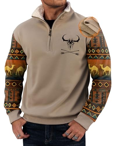 VOGSTART Mens Graphic Half Zip Pullover Native Pattern Sweatshirt Sand L