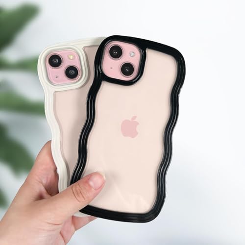 Image of GoldKart iPhone 15 Plus Case Wavy Edge Clear Back Design, Anti-Slip Grip Cute Wave Curly Frame Shape Shockproof Soft TPU & Hard PC Bumper Protective Phone Case Cover for Women Girls - Black