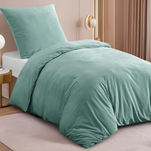 RUIKASI Flanell Winter Bettwäsche 135x200 Hellgrün Warm WinterBettwäsche – Ansicht 2
